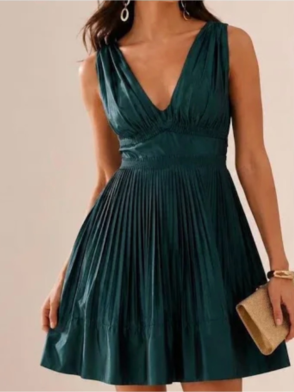 BCBGeneration Forest Green Pleated V-Neck Mini Dress